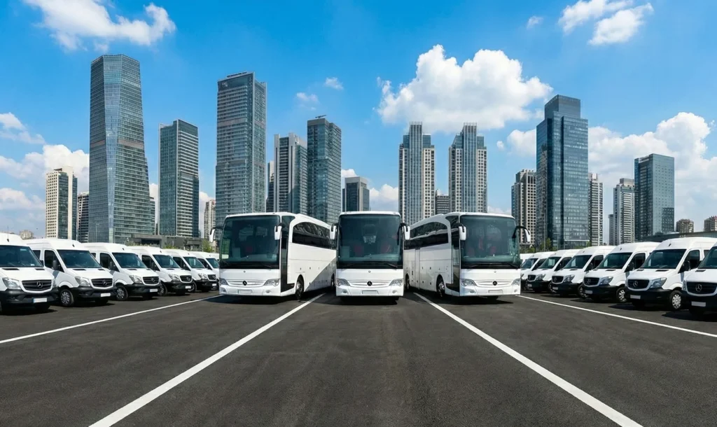 Blog | Demirhan Turizm Modern şehir manzarası önünde yolda ilerleyen personel servis otobüsleri