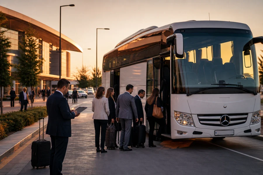 Konferans ulaşımı için beyaz otobüs ve koordineli biniş planı