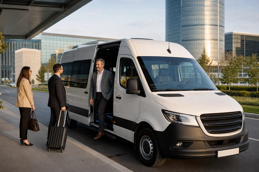 Kurumsal etkinlik transferi için beyaz Sprinter minibüs
