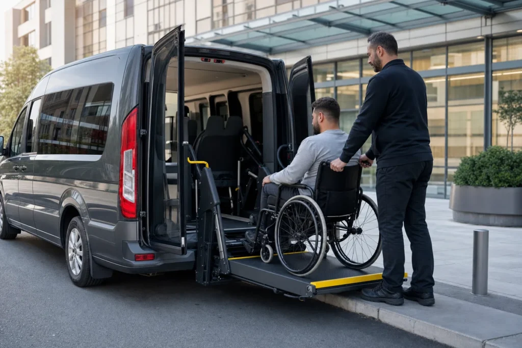 Tekerlekli sandalye uyumlu araç hizmeti için liftli özel donanımlı araç