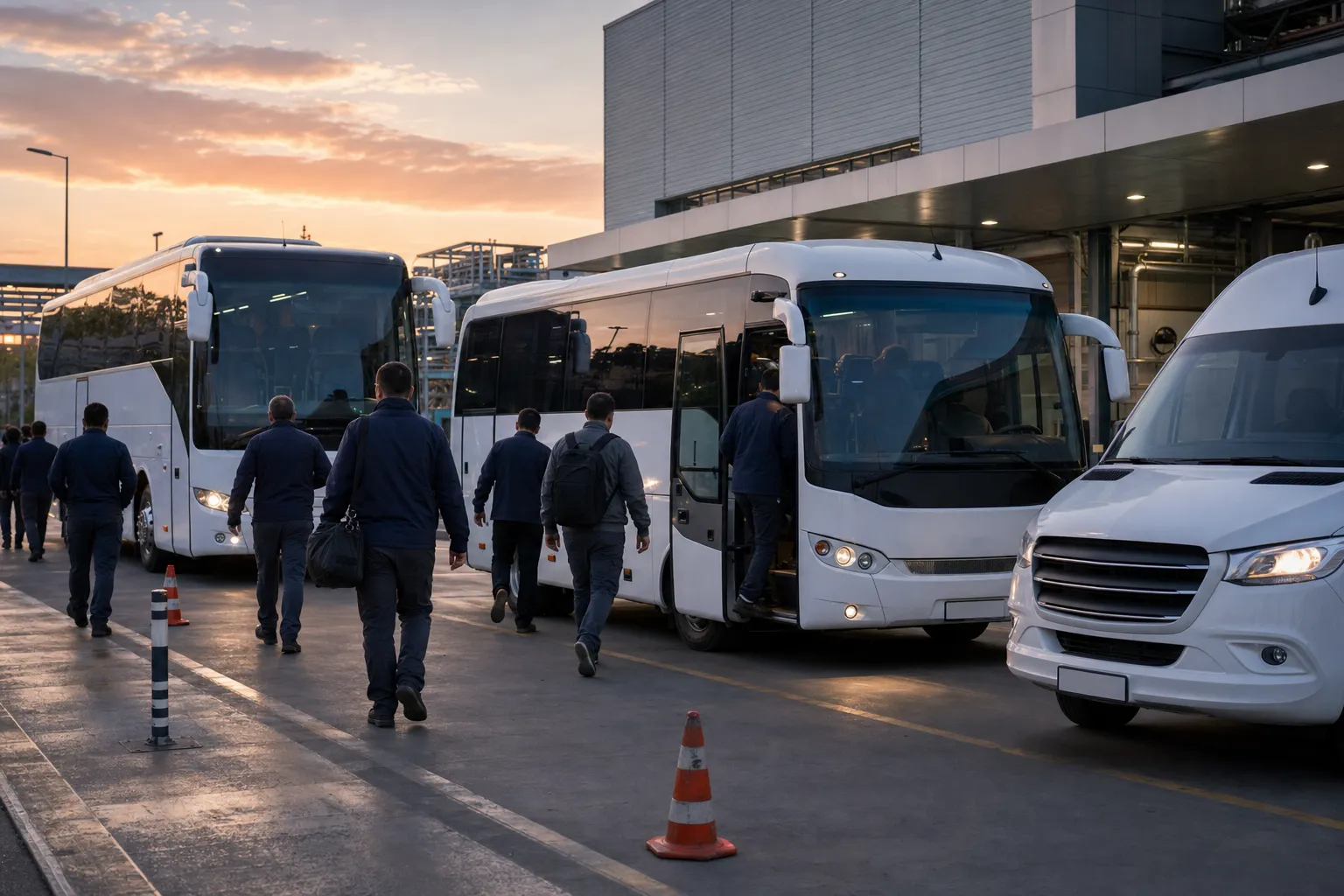 Fabrika vardiya çıkışında beyaz personel servis araçları