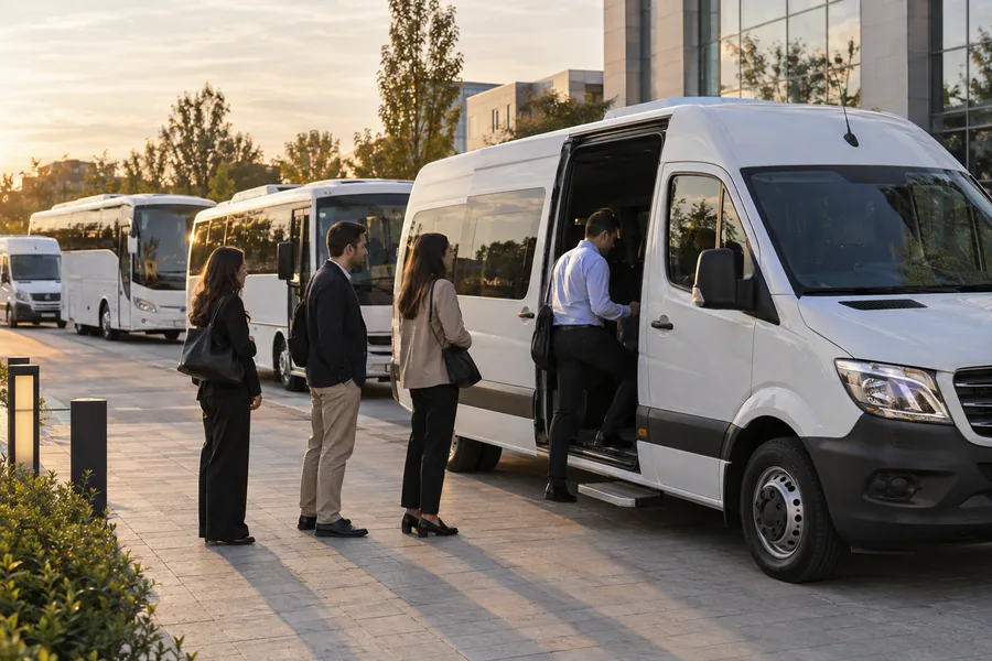 Dört beyaz servis aracının bulunduğu alanda minibüsün sağ yolcu kapısından binen çalışan ve bekleyen personeller