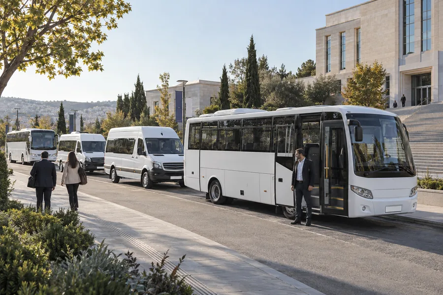 Kampüste dört beyaz servis aracı, midibüsün açık sağ kapısının yanında bir çalışan ve kaldırımda yürüyen personeller