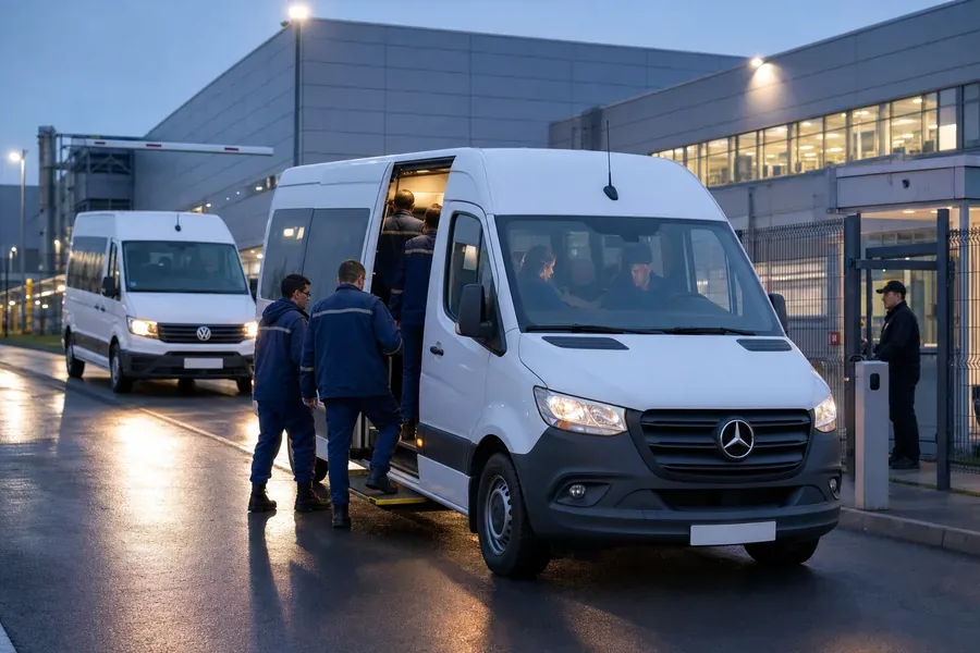 Fabrika girişinde vardiya değişiminde sağ kapıdan servis minibüsüne binen işçiler