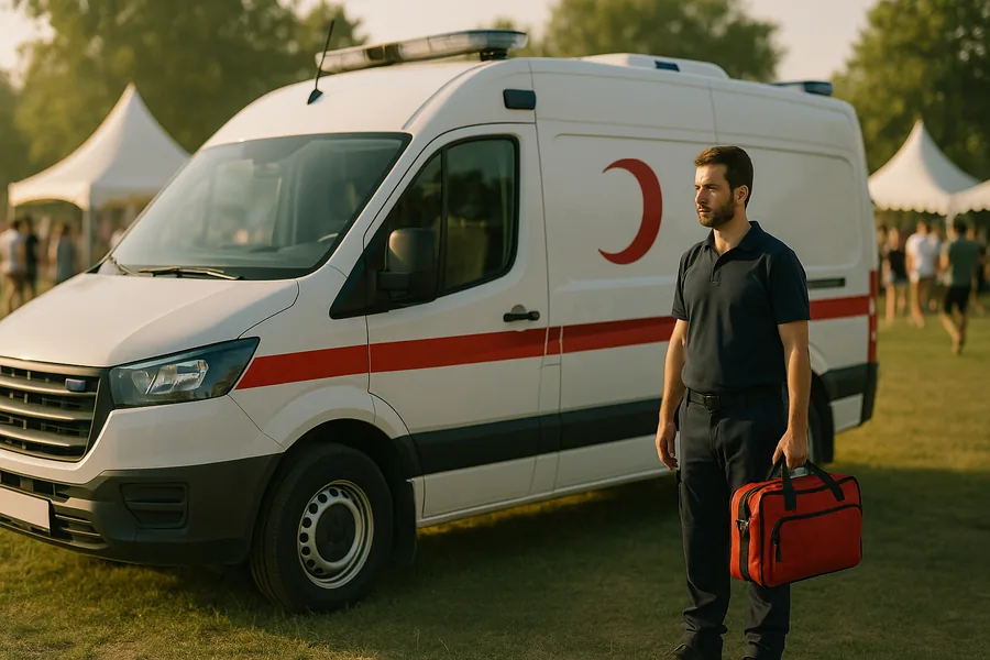 Açık hava festival alanının çim kenarında bekleyen ters hilal işaretli özel ambulans ve elinde sağlık çantası olan görevli