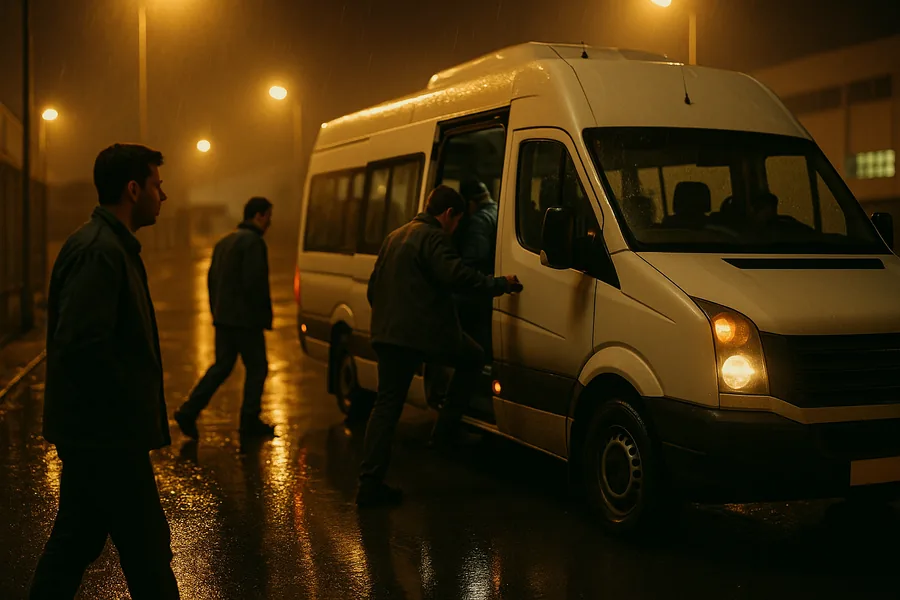 Yağmurlu bir gecede fabrika kapısında sokak lambaları altında beyaz shuttle minibüse binen vardiya çalışanları