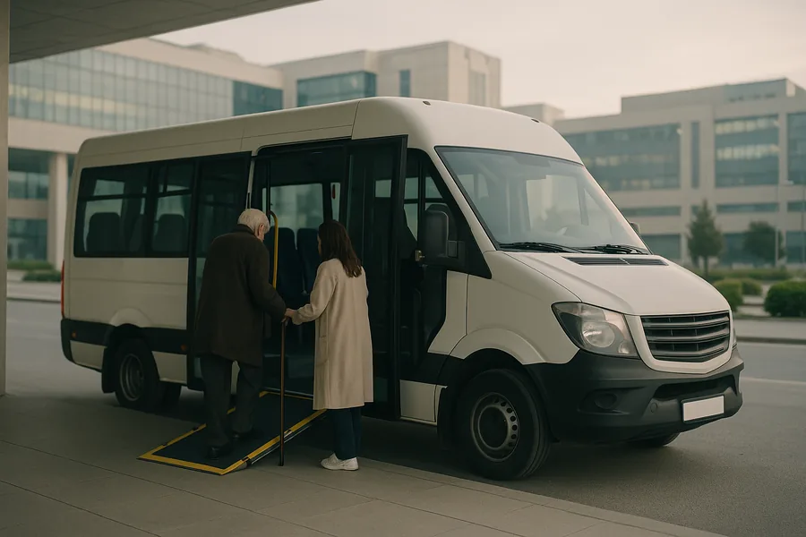 Hastane yerleşkesi girişinde rampası açık beyaz shuttle minibüse refakatçisiyle binen yaşlı yolcu