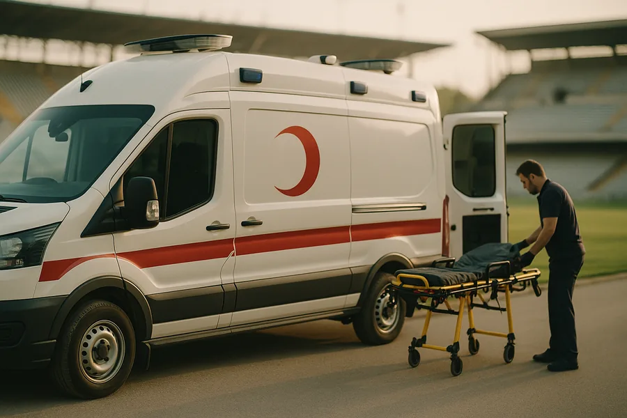 Stadyum servis yolunda arka kapısı açık, yanında sedye kontrol eden sağlık görevlisi bulunan ters hilal işaretli özel ambulans